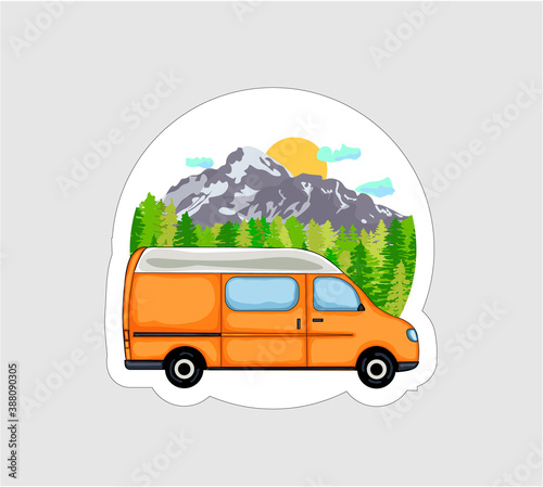 Van Life sticker. Orange van with forest and mountains in the background. Living van life, camping in the nature, travelling. Illustration.