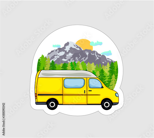Van Life sticker. Yellow van with forest and mountains in the background. Living van life, camping in the nature, travelling. Illustration.