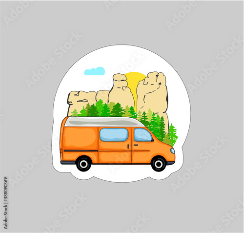 Vanlife Sticker. Orange van with forest and sandstone rock formation in the background. Living van life, camping in nature, travelling concept. Illustration. 