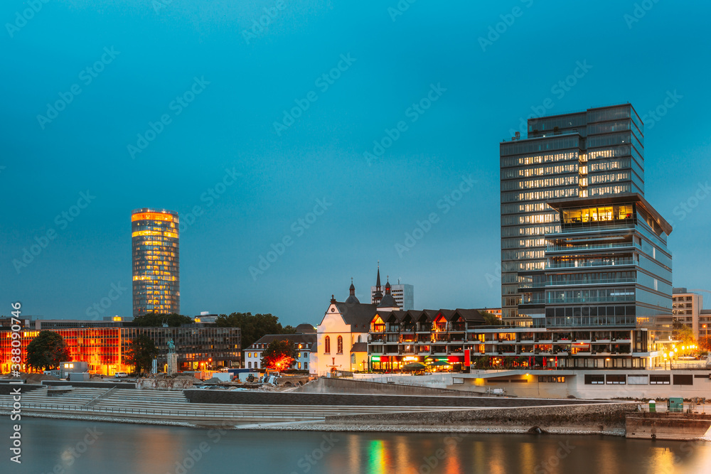 Cologne, Germany. Modern Building On Embankment During Summer Evening Night