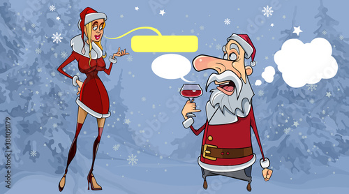 cartoon santa claus with a glass of wine and a snow maiden with speech bubbles chatting in the winter forest