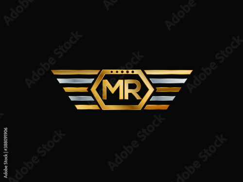 MR wing shape Initial logo letter design art logo, gold color on black background