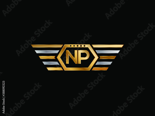 NP wing shape Initial logo letter design art logo, gold color on black background