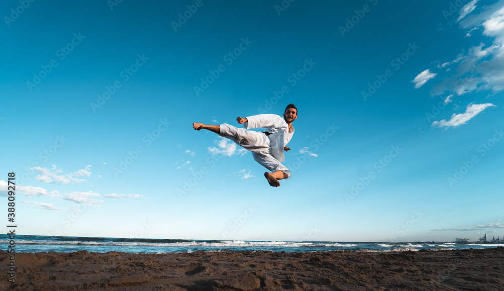 Black belt karate fighter giving a flying kick on the beach at sunset. Black belt karate fighter giving a flying kick on the beach at sunset.