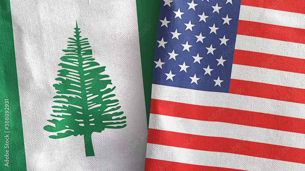 Fototapeta premium United States and Norfolk Island two flags textile cloth 3D rendering