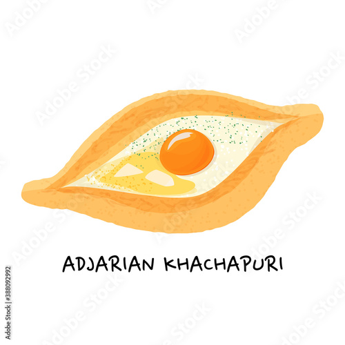 Traditional ajarian and georgian dish khachapuri. Baked bread filled with cheese, butter and egg isolated on white background.