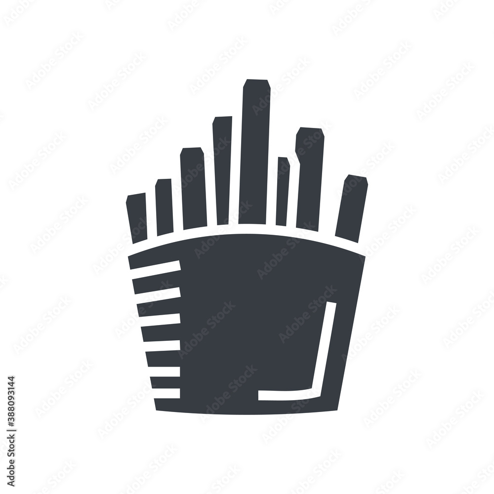 French fries in a box vector flat design icon. Black tasty fried potatoes sign.