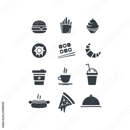 Food and drink icon set. Vector flat design web icons. Hamburger, hot dog, cup of coffee or tea, ice cream, French fries, donut, sushi, croissant, takeaway, slice of pizza and dish tray with cloche.