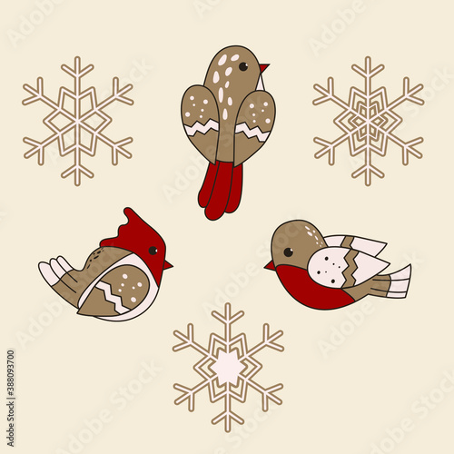 Christmas card. Christmas craft paper cards. Birds, bullfinches.Cute animal Christmas day