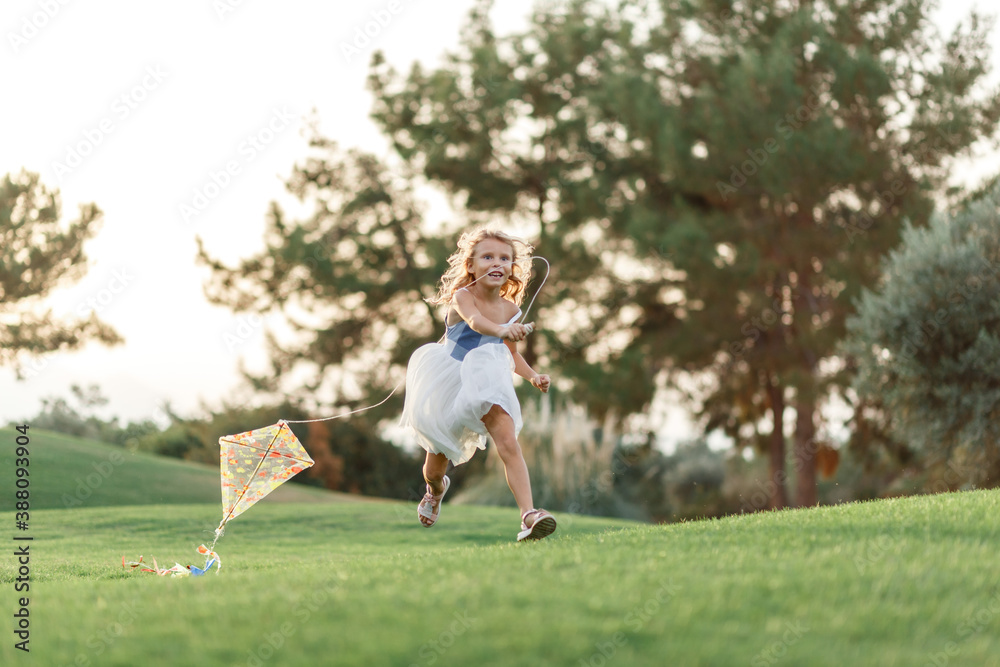 Beauty 5 year girl in dress running with kite on the grass field. Curly girl with flying colorful kite over clear sky, green trees. Fall. Free, freedom concept. Emotions, healthy lifestyle. Beauty 5 year girl in dress running with kite on the grass field. Curly girl with flying colorful kite over clear sky, green trees. Fall. Free, freedom concept. Emotions, healthy lifestyle.