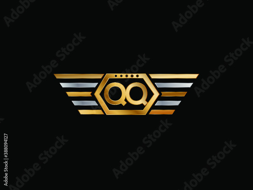 QQ wing shape Initial logo letter design art logo, gold color on black background