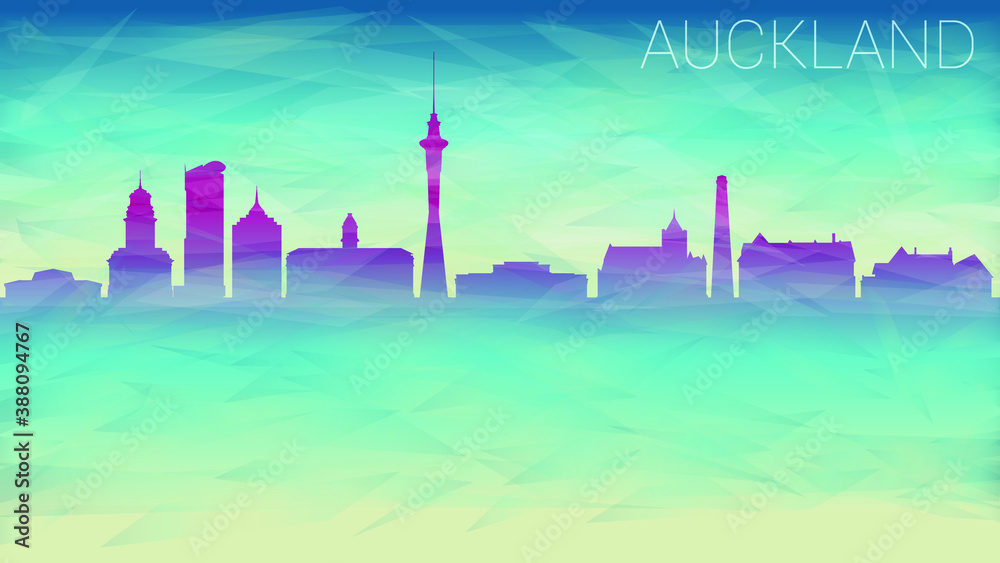 Auckland New Zealand. Broken Glass Abstract Geometric Dynamic Textured. Banner Background. Colorful Shape Composition.