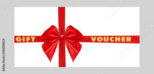 Gift voucher template with red bow and ribbon. Gift certificate. Elegant design. Stock vector illustration on isolated background.