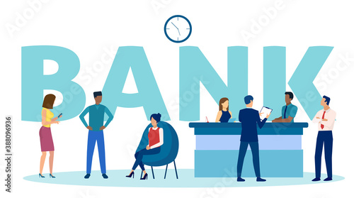 Vector of customers waiting in queue at a bank branch to be assisted by financial officer