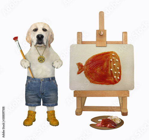 A dog artist with a paintbrush paints a piece of sausage on a canvas on an easel. White background. Isolated.