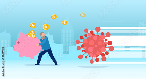 Vector of a man holding a  piggy bank running away from COVID-19