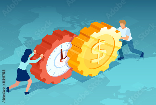Vector of a woman and man pushing dollar coin and clock gears