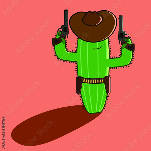 Cactus depicted as a wild West character. Cactus with a hat and revolvers. Vector image in eps format.