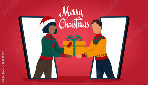 Vector of a man and woman communicating via mobile app exchanging with Christmas gifts online