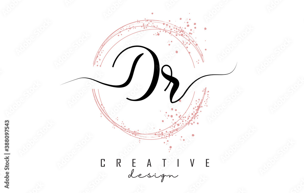 Handwritten DR D R letter logo with sparkling circles with pink glitter. Handwritten DR D R letter logo with sparkling circles with pink glitter.