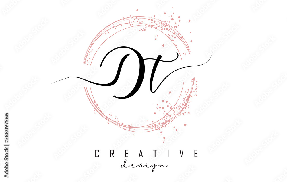 Handwritten DT D T letter logo with sparkling circles with pink glitter. Handwritten DT D T letter logo with sparkling circles with pink glitter.
