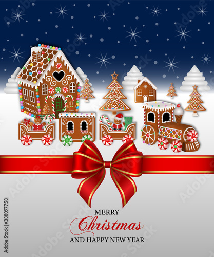 merry christmas background with red bow, gingerbread house, train and trees	