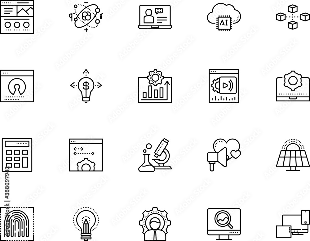 technology vector icon set such as: laboratory, neutron, work, settings ...