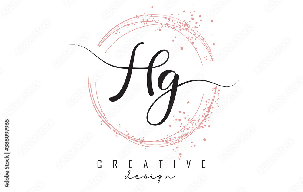 Handwritten HG H G letter logo with sparkling circles with pink glitter.