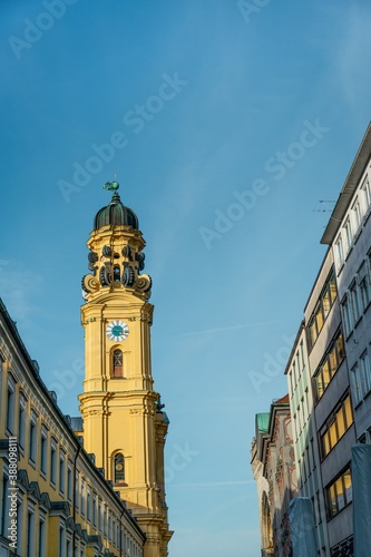 A bell tower of the Theatine Church of St. Cajetan. Munich, Bavaria, Germany