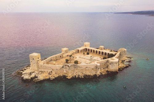 Ancient fortress named Kizkalesi or Maiden Castle at mediterranean island aerial