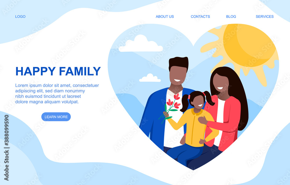 Happy family concept. Young beautiful mom and dad holding little daughter in arms and smiling. Flat cartoon vector illustration with fictional characters. Website, web page or landing page template. Happy family concept. Young beautiful mom and dad holding little daughter in arms and smiling. Flat cartoon vector illustration with fictional characters. Website, web page or landing page template.
