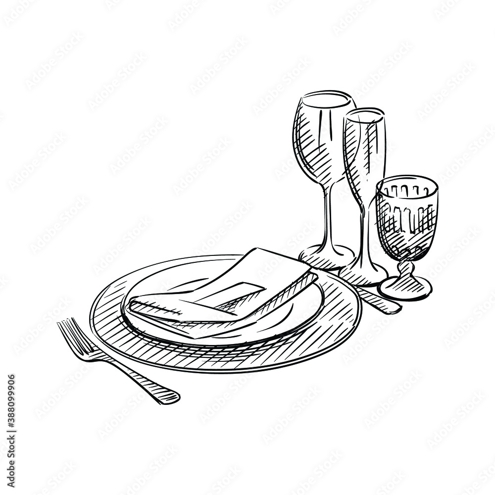 Hand-drawn sketch of table service set for Wedding ceremony. Preparation  for wedding ceremony. Plates, champagne glasses, knife, spoon, fork,  napkin, wine glass. Holiday. Celebration. vector de Stock | Adobe Stock