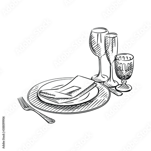 Hand-drawn sketch of table service set for Wedding ceremony. Preparation for wedding ceremony. Plates, champagne glasses, knife, spoon, fork, napkin, wine glass. Holiday. Celebration.