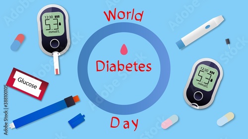 World Diabetes Day design template. Colorful glucometers, insulin pen, lancets and test strips.