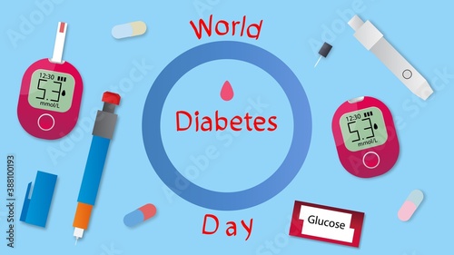 World Diabetes Day design concept. Colorful glucometers, insulin pen, lancets and test strips.