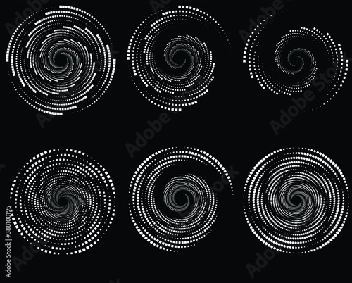 Dotted, dots, speckles abstract concentric circle. Spiral, swirl, twirl element.Circular and radial lines volute, helix.Segmented circle with rotation.Radiating arc lines.set