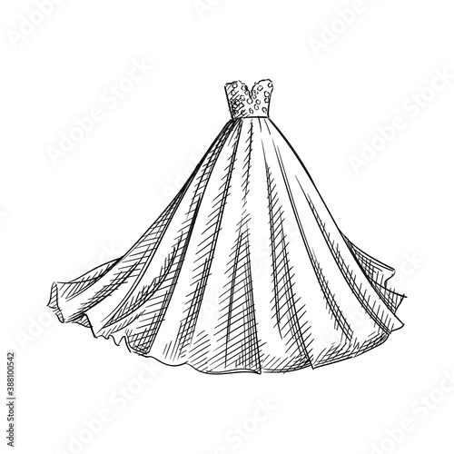 Hand-drawn sketch of wedding gown. Wedding accesories and dress. Preparation for wedding ceremony. Bride and groom. Holiday. Celebration.