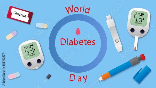 Backdrop for World Diabetes Day. Colorful glucometers, insulin pen, lancets, pills and test strips.