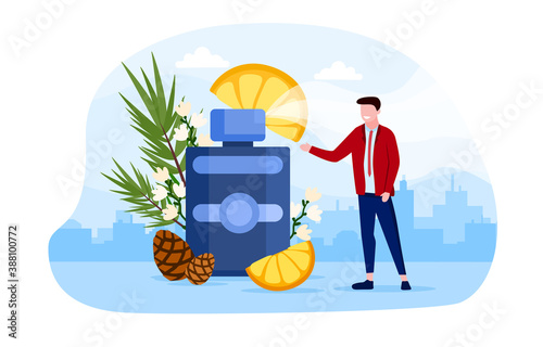 Abstract concept for the production of perfume, cologne and cosmetic products with tiny young man standing next to giant bottle of cologne. Flat cartoon vector illustration with fictional characters.