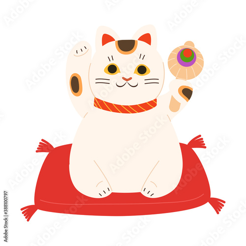 Japanese traditional white smiling maneki neko cat with raised paws