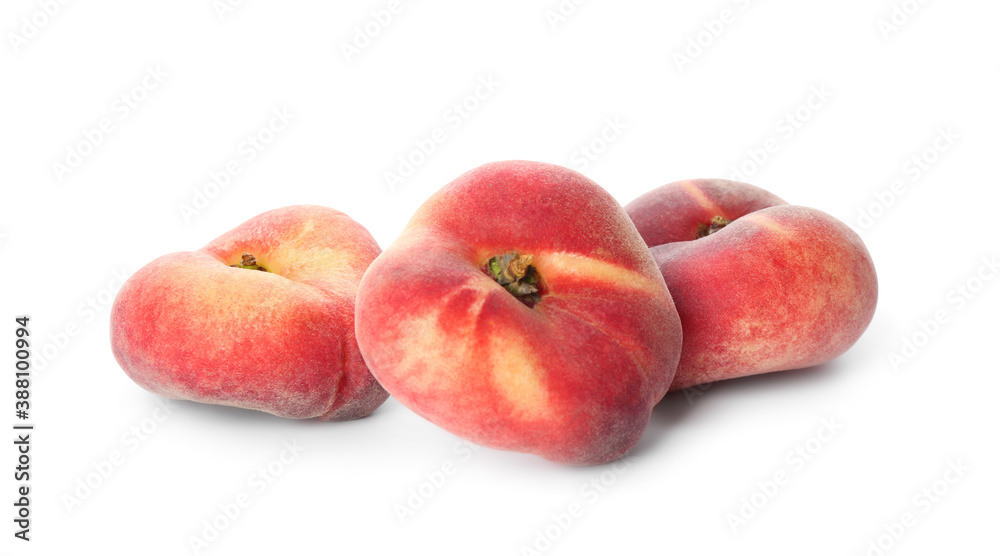 Fresh ripe donut peaches on white background Fresh ripe donut peaches on white background