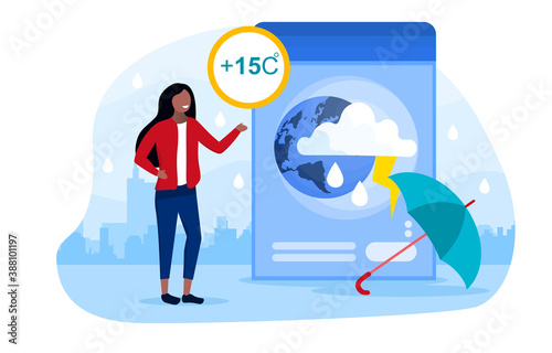 Weather forecast concept with a girl telling viewers about the upcoming weather. Cool, rainy, cloudy weather forecast. Flat cartoon vector illustration with fictional character.