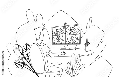 Online meeting. Video conference. People group on computer screen taking with colleague. Online communication vector concept in coloring style. Man in home office, web conference with friends