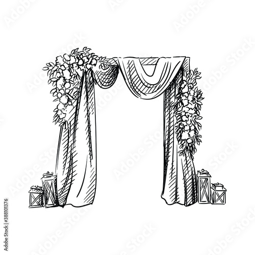 Hand-drawn sketch of decorated arch for wedding ceremony. Wedding deccor. Preparation for wedding ceremony. Bride and groom arch. Holiday. Celebration.