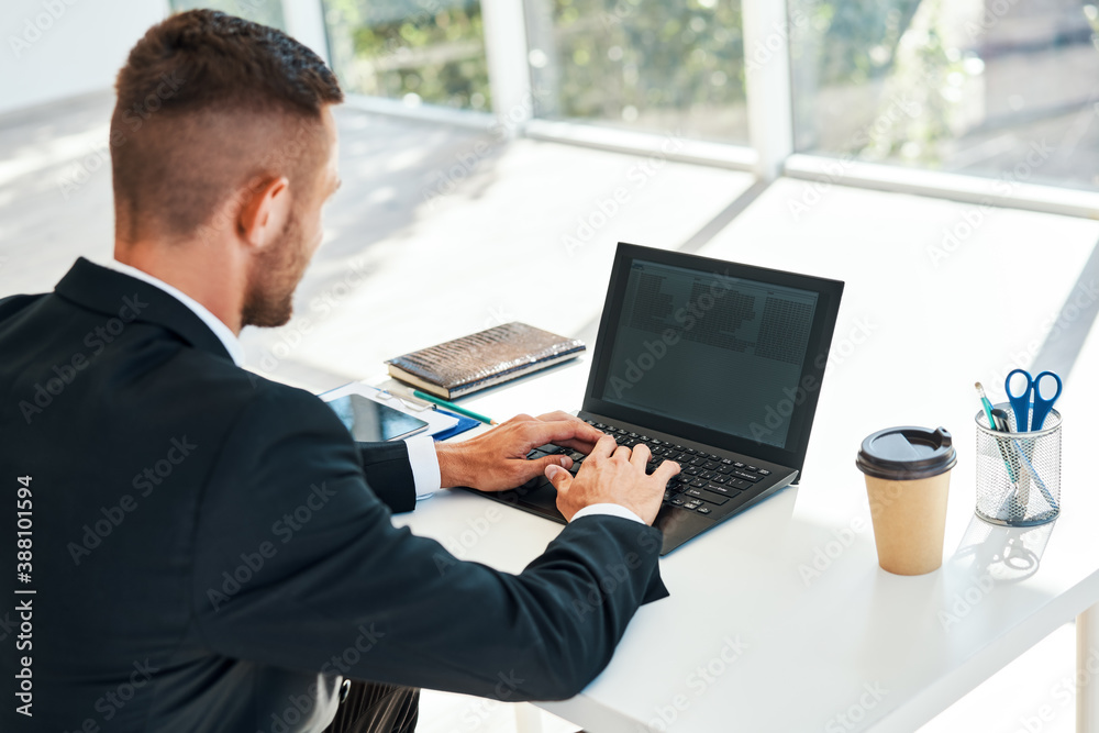 Back view of businessman working with laptop in modern office interior Back view of businessman working with laptop in modern office interior