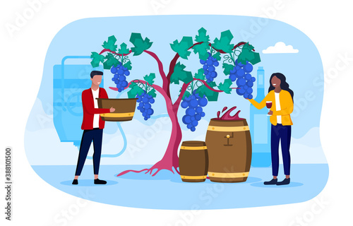Abstract winemaking concept. Flat cartoon vector illustration with fictional characters isolated on white background
