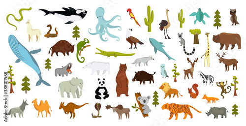 Cute animal vector illustration icon set isolated on a white background. Hand drawn animals. Icons for children with lots of animals bear elephant whale monkey giraffe. America, Europe, Asia, Africa © designer_things