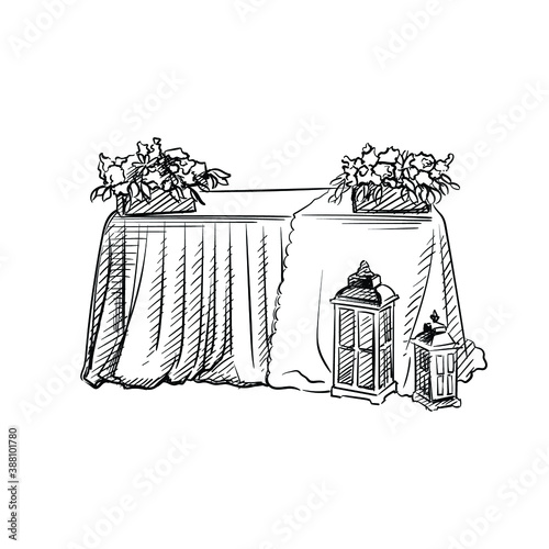 Hand-drawn sketch of buffet table. Wedding accesories and attributes. Preparation for wedding ceremony. Bride and groom. Holiday. Celebration.