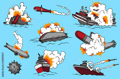 Comic book warships set. Collection of ships that launch missiles or explode. Military action. Pop art concept icons for comic book page or app decoration