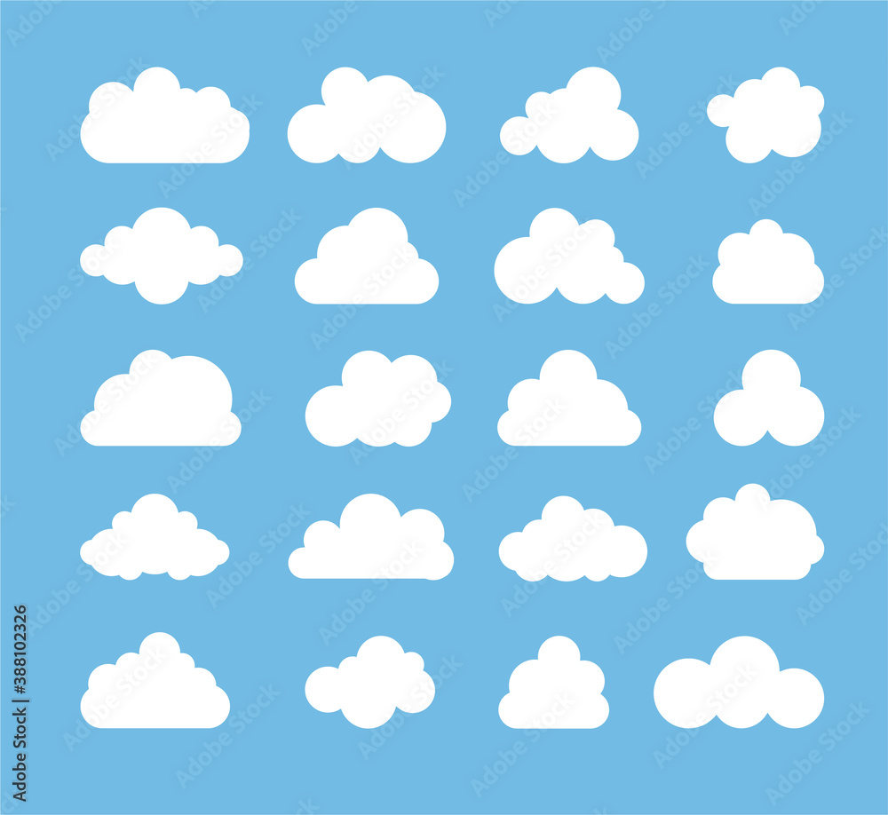 Cloud silhouettes set. Cloud icon collection on a blue background. Vector illustration.